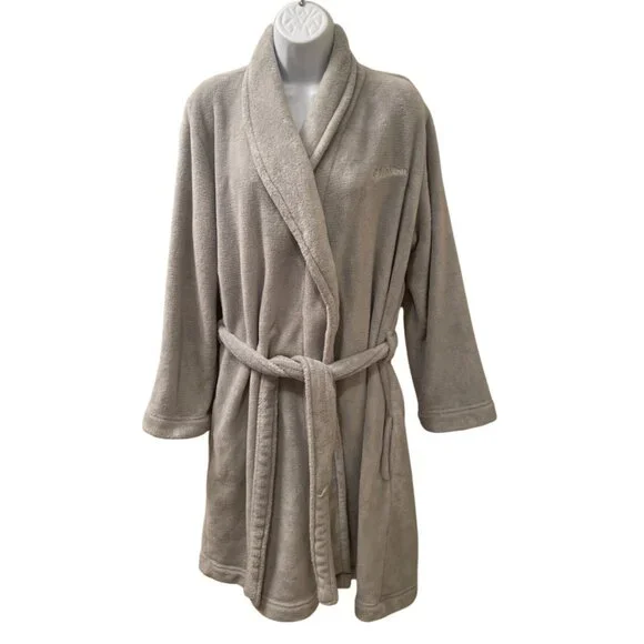 Calvin Klein Womens Plush Gray Robe Belted Fleece Sleepwear Logo M/L Cozy Comfor - Picture 2 of 5